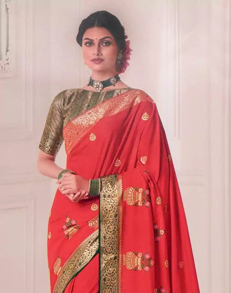 Image of Red Coloured Floral Embroidery work Banaras Fancy Saree