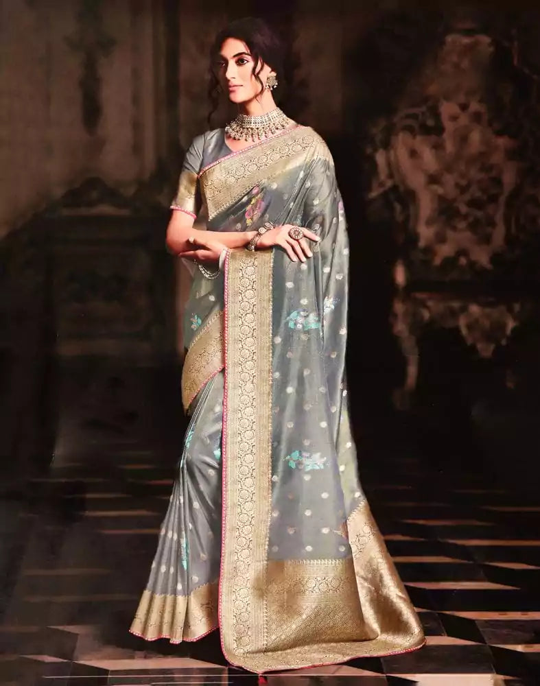 Image of Grey Coloured Floral Banaras Tissue Saree