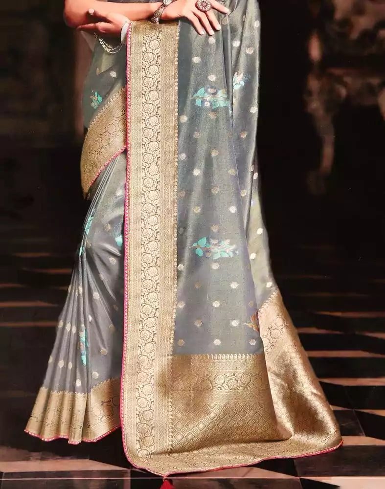 Image of Grey Coloured Floral Banaras Tissue Saree