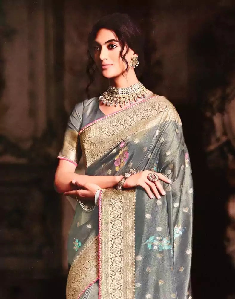 Image of Grey Coloured Floral Banaras Tissue Saree
