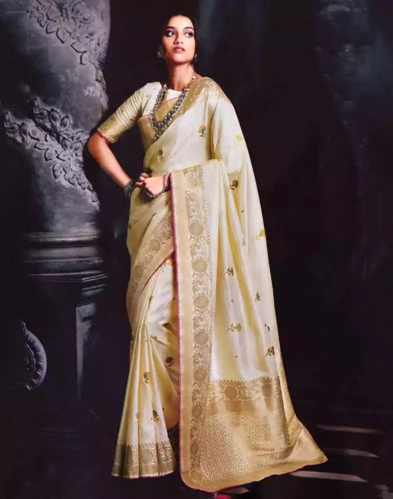 Image of Cream Floral Banaras Tissue Saree