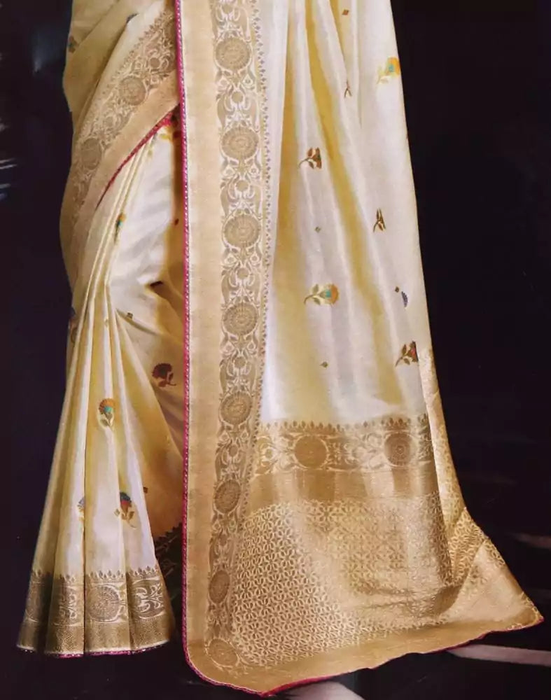 Image of Cream Floral Banaras Tissue Saree