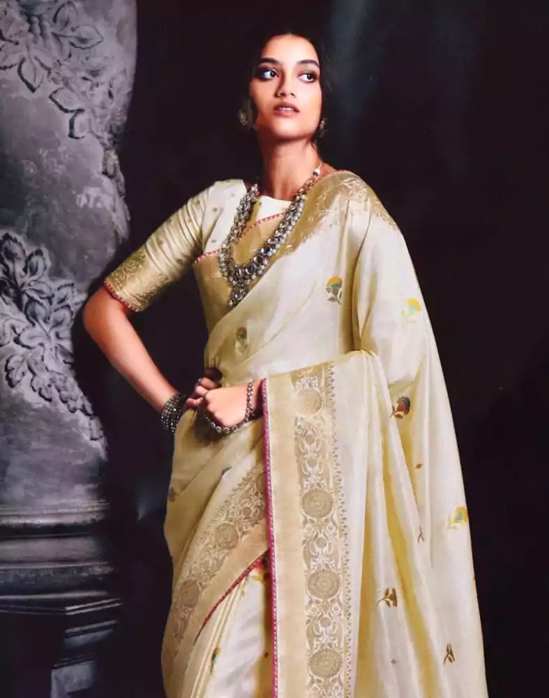 Image of Cream Floral Banaras Tissue Saree