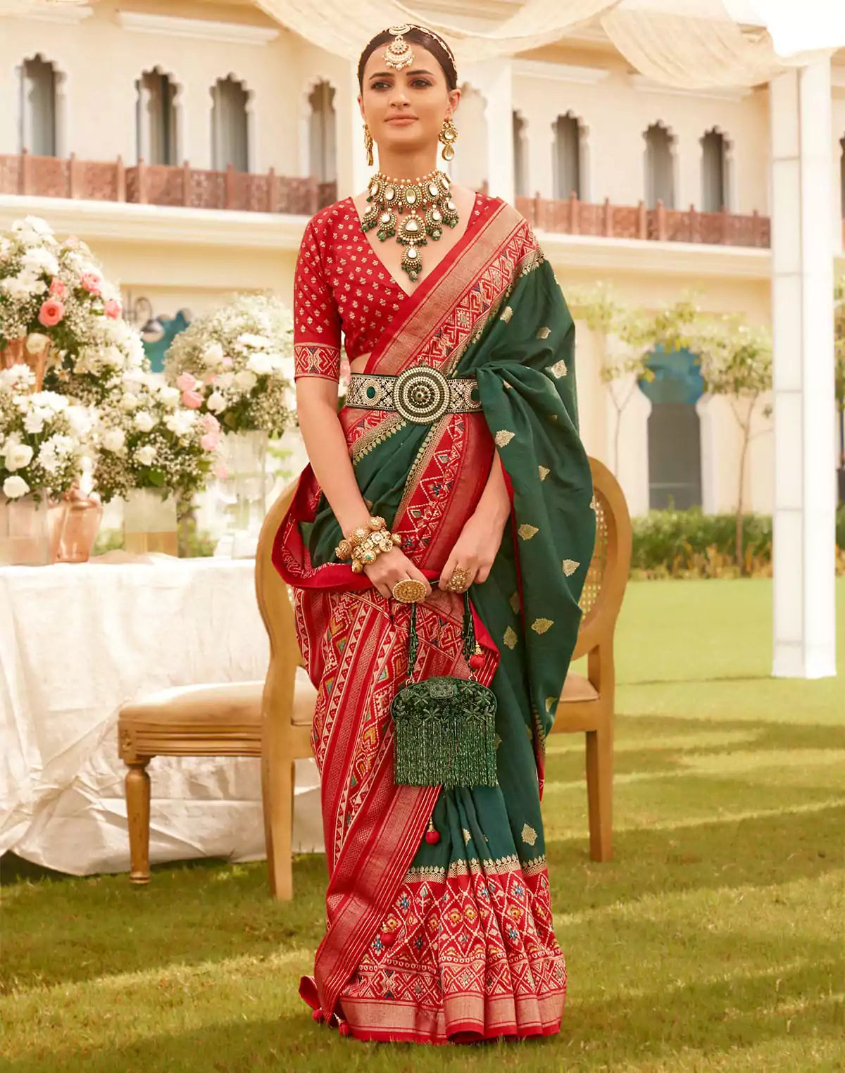 Image of Emerald Green Coloured Patola Fancy Saree