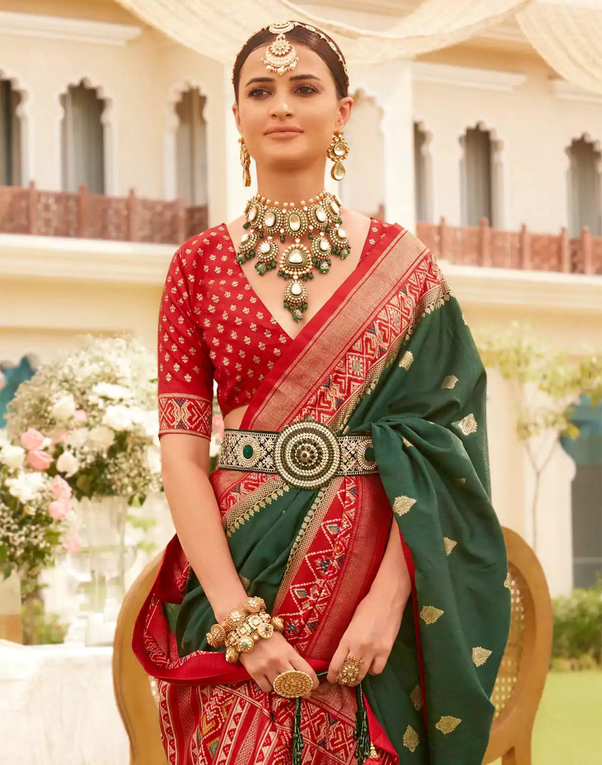 Image of Emerald Green Coloured Patola Fancy Saree