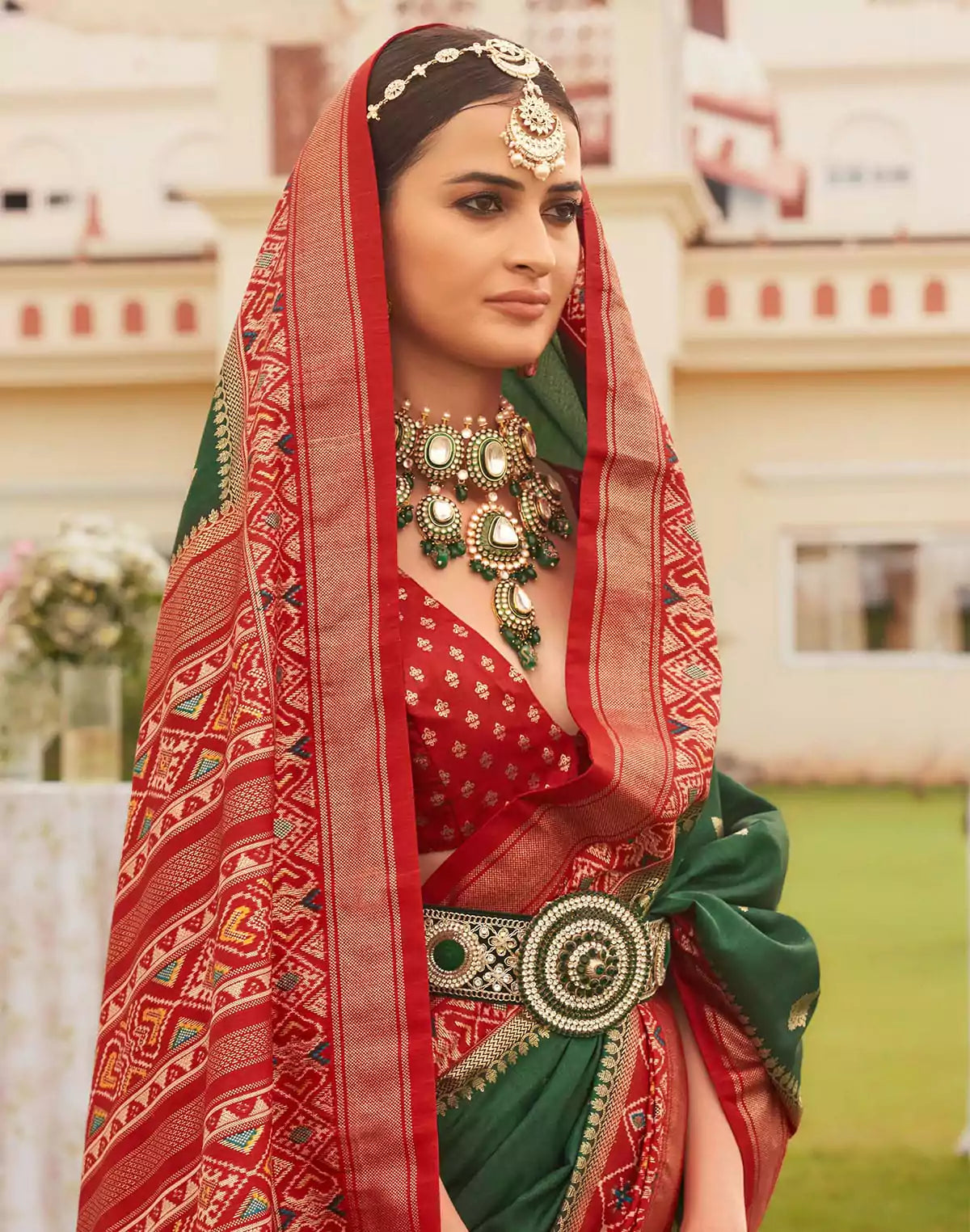 Image of Emerald Green Coloured Patola Fancy Saree