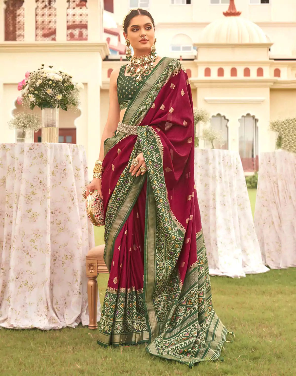 Image of Maroon Coloured Patola Contrast Saree
