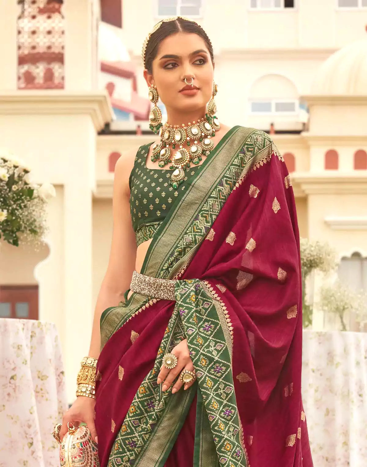 Image of Maroon Coloured Patola Contrast Saree