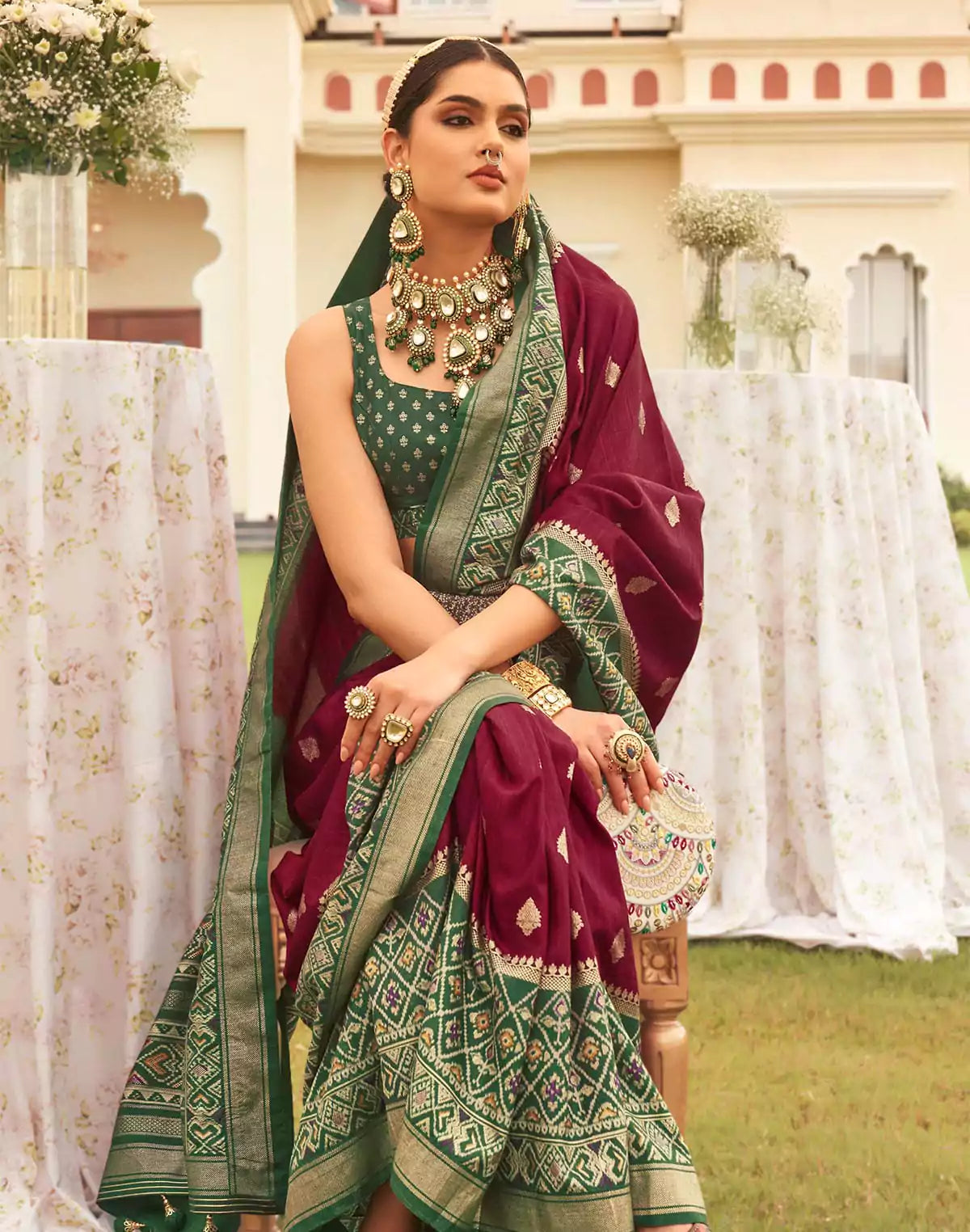Image of Maroon Coloured Patola Contrast Saree
