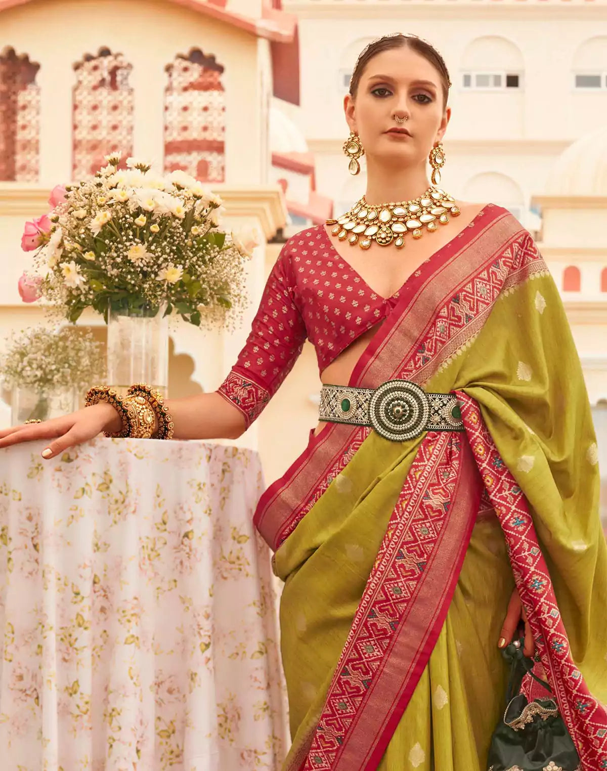 Image of Mehendi Green Patola  Festive Wear Saree