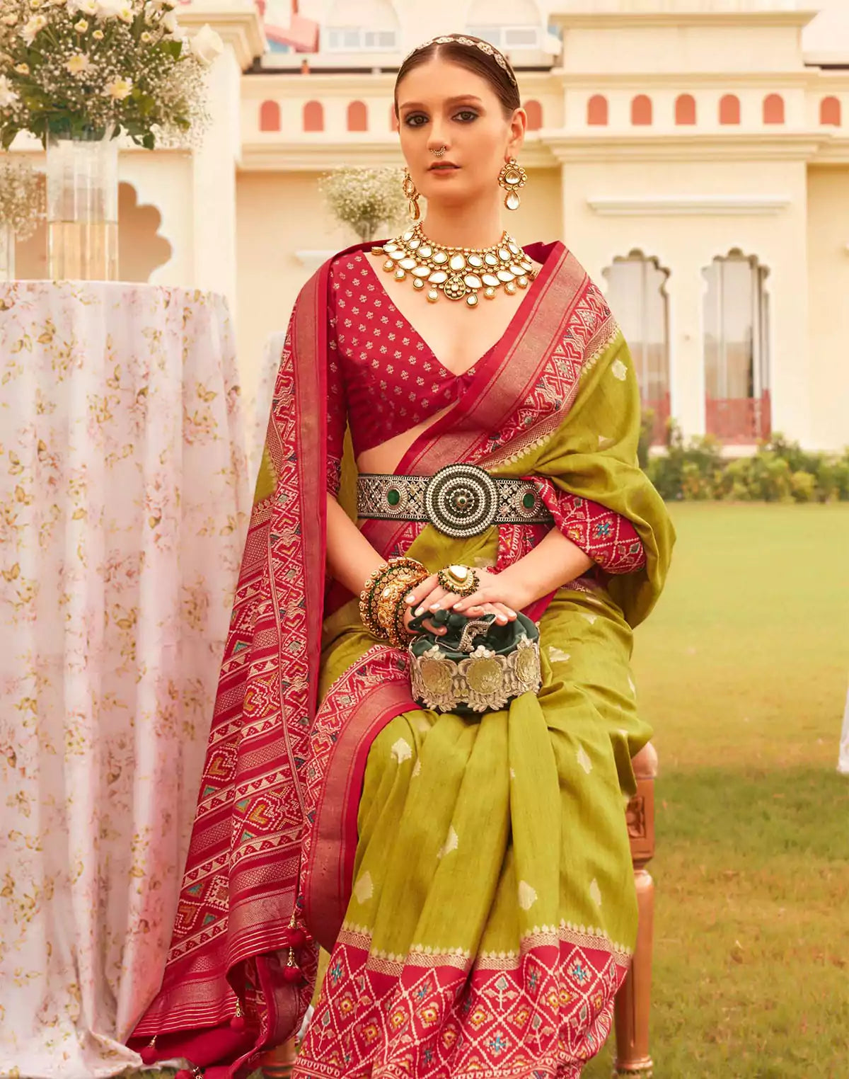 Image of Mehendi Green Patola  Festive Wear Saree
