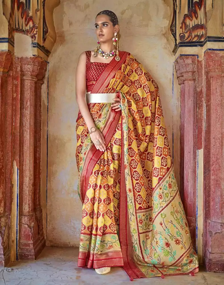 Image of Mustard Coloured Botanical Print Patola Saree