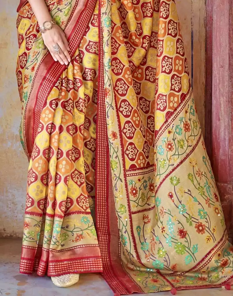 Image of Mustard Coloured Botanical Print Patola Saree