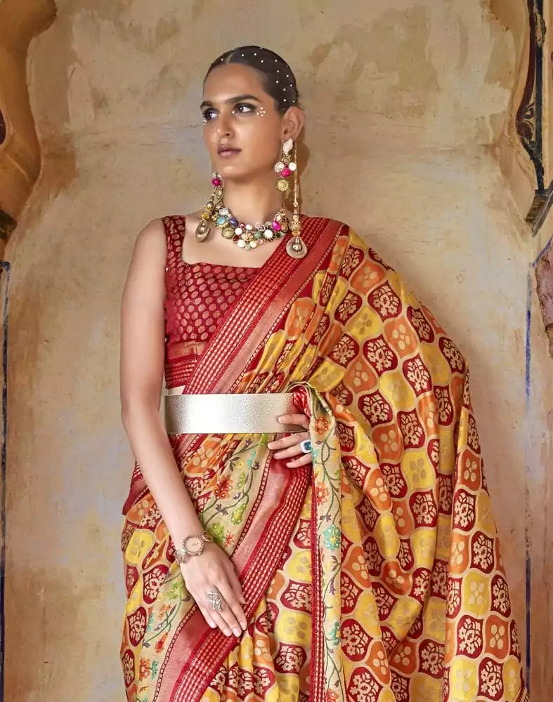 Image of Mustard Coloured Botanical Print Patola Saree