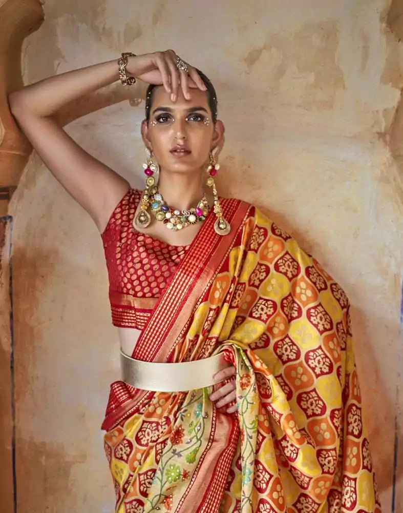 Image of Mustard Coloured Botanical Print Patola Saree