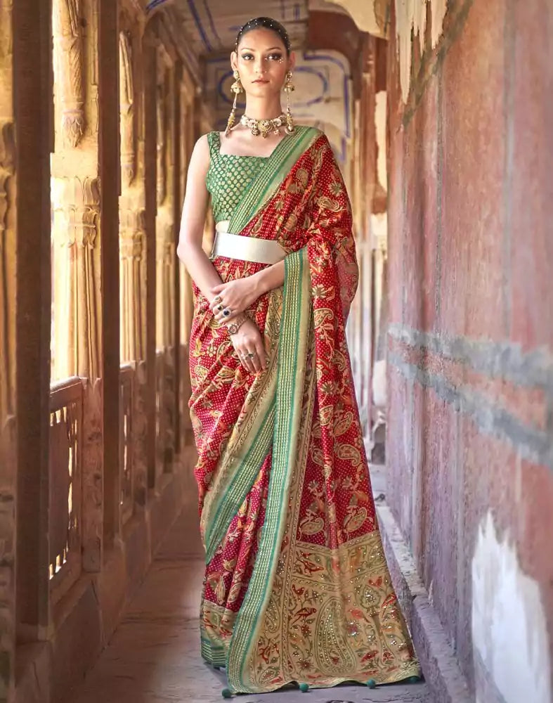 Image of Stunning Red Botanical Print Patola Saree