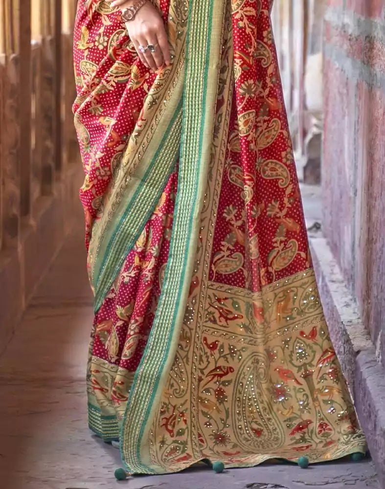 Image of Stunning Red Botanical Print Patola Saree