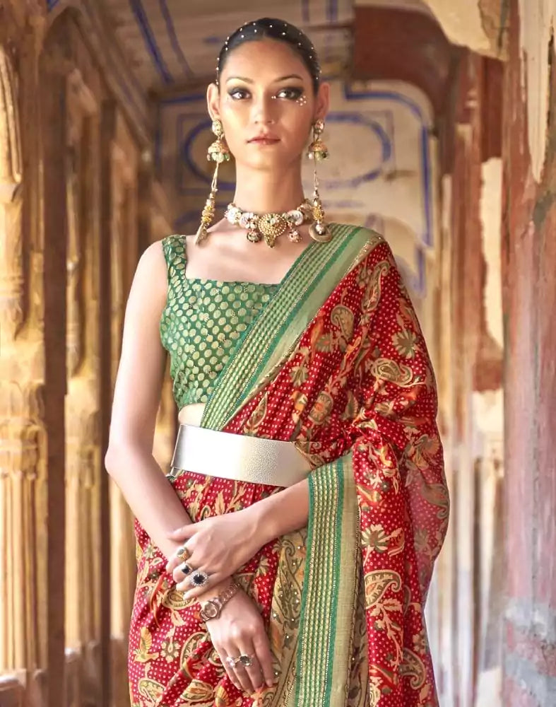 Image of Stunning Red Botanical Print Patola Saree