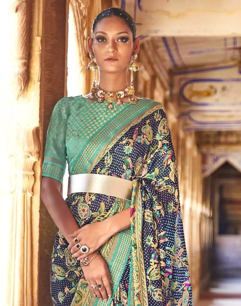 Image of Imposing Navy Blue Botanical Print Patola Saree