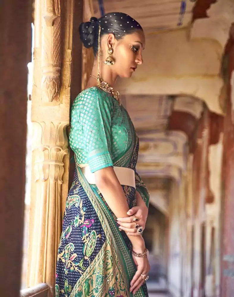 Image of Imposing Navy Blue Botanical Print Patola Saree