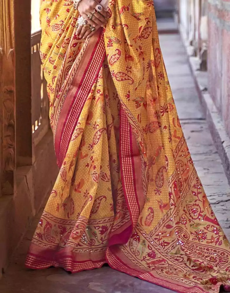 Image of Intriguing Mustard Botanical Print Patola Saree