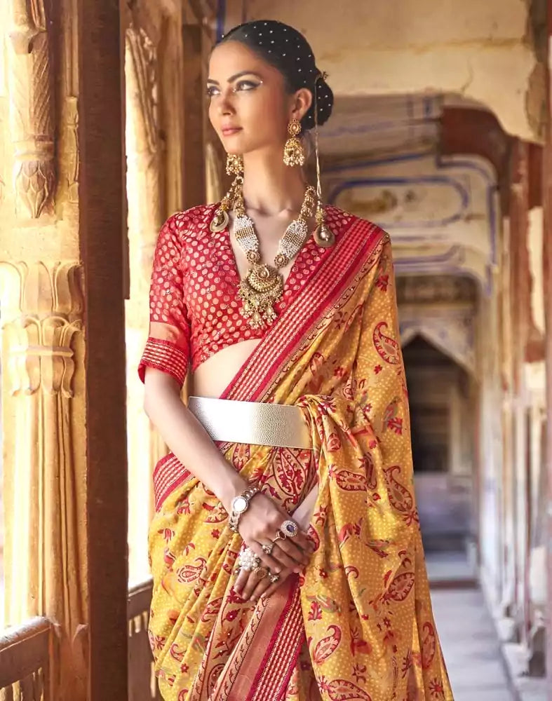 Image of Intriguing Mustard Botanical Print Patola Saree