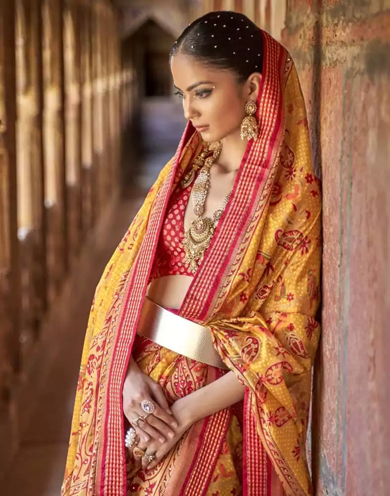 Image of Intriguing Mustard Botanical Print Patola Saree