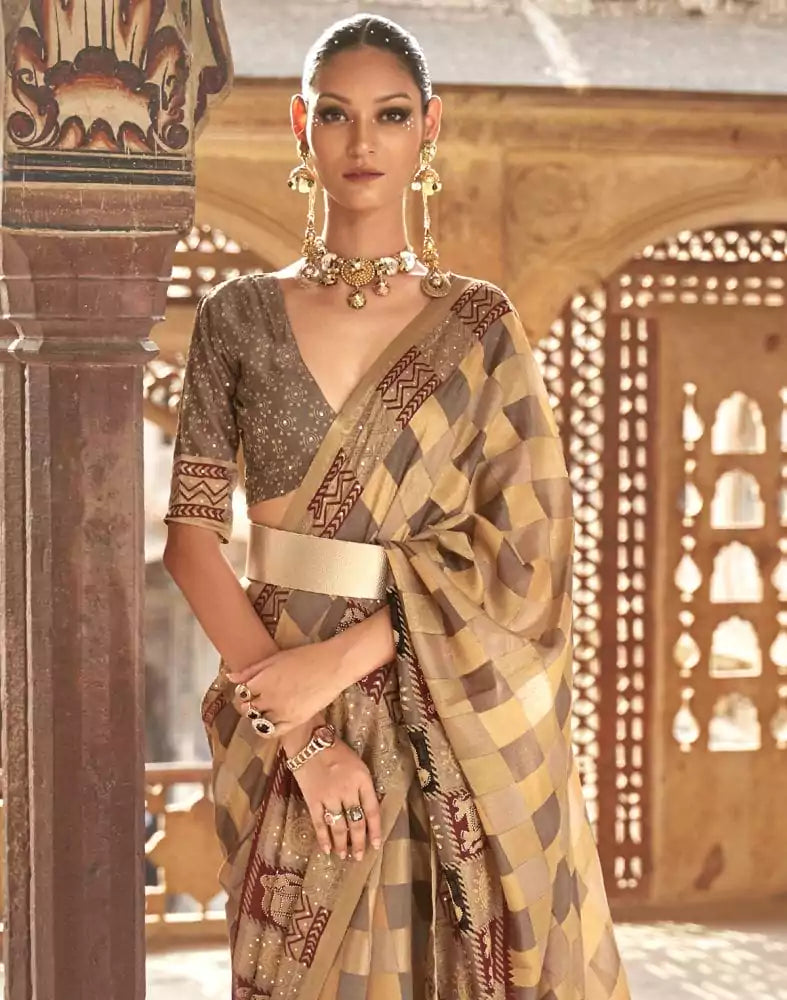 Image of Gold Checks Pattern Patola Fancy Saree