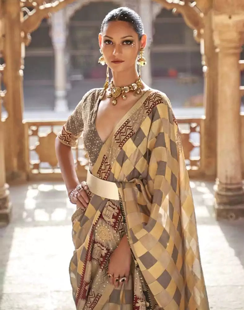 Image of Gold Checks Pattern Patola Fancy Saree