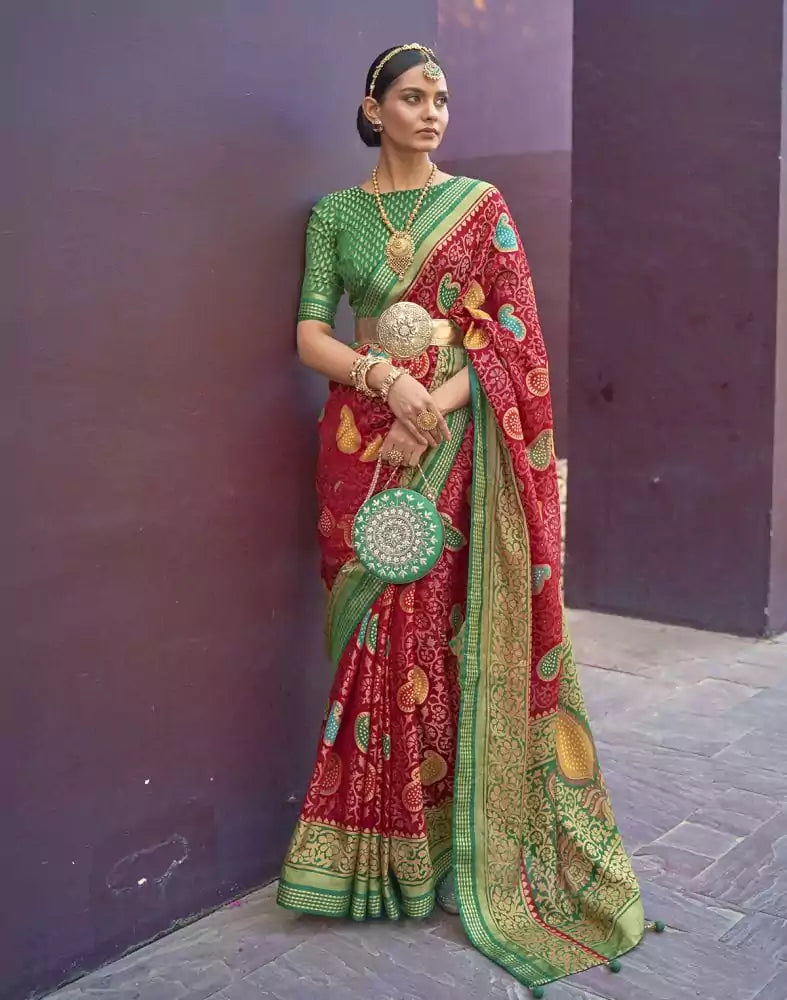 Image of Red Paisley Print Pattern Brasso Saree
