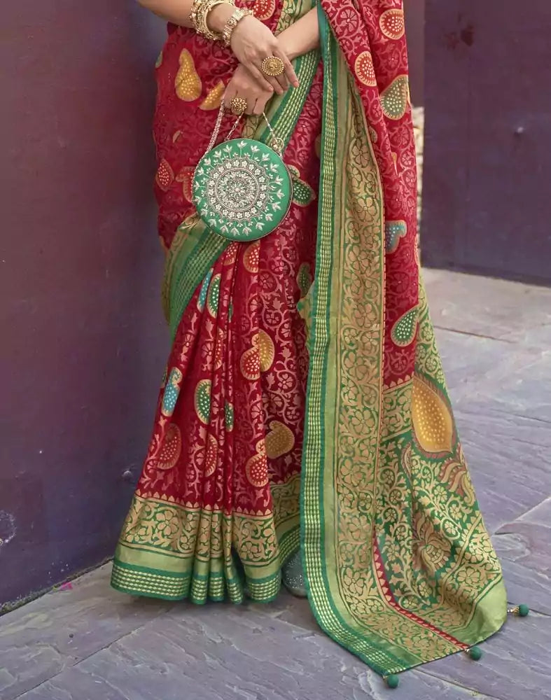 Image of Red Paisley Print Pattern Brasso Saree