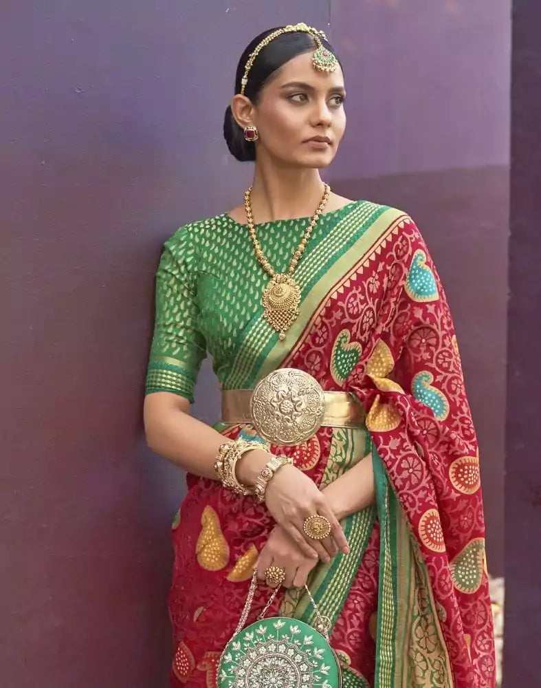 Image of Red Paisley Print Pattern Brasso Saree