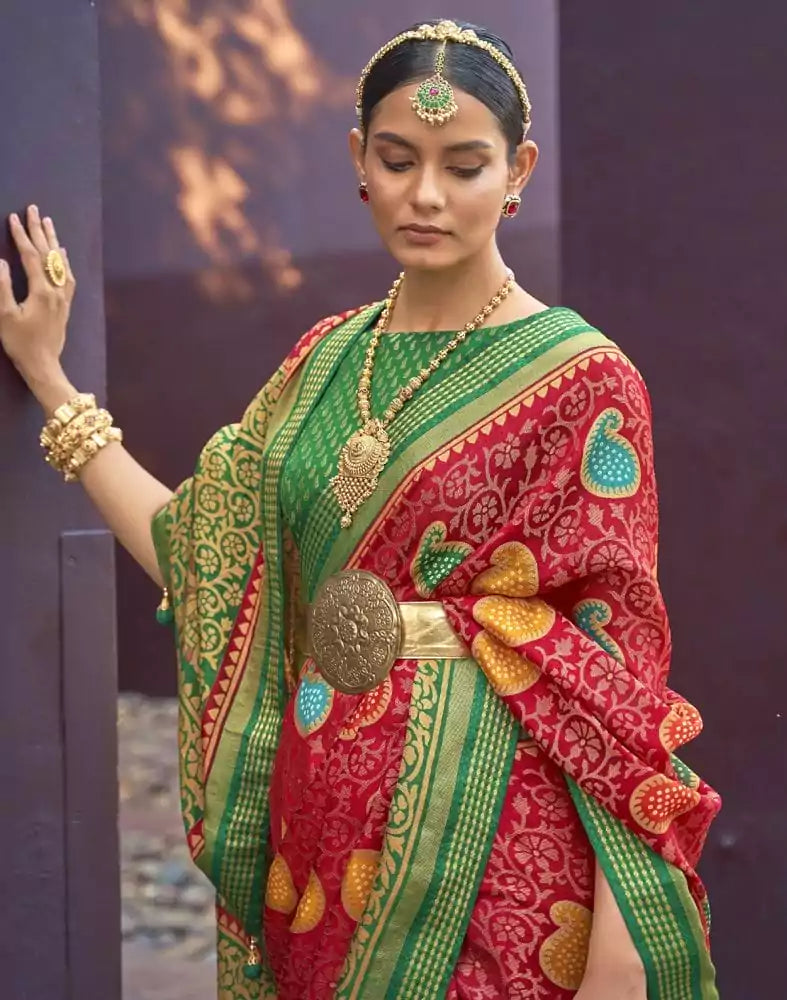 Image of Red Paisley Print Pattern Brasso Saree