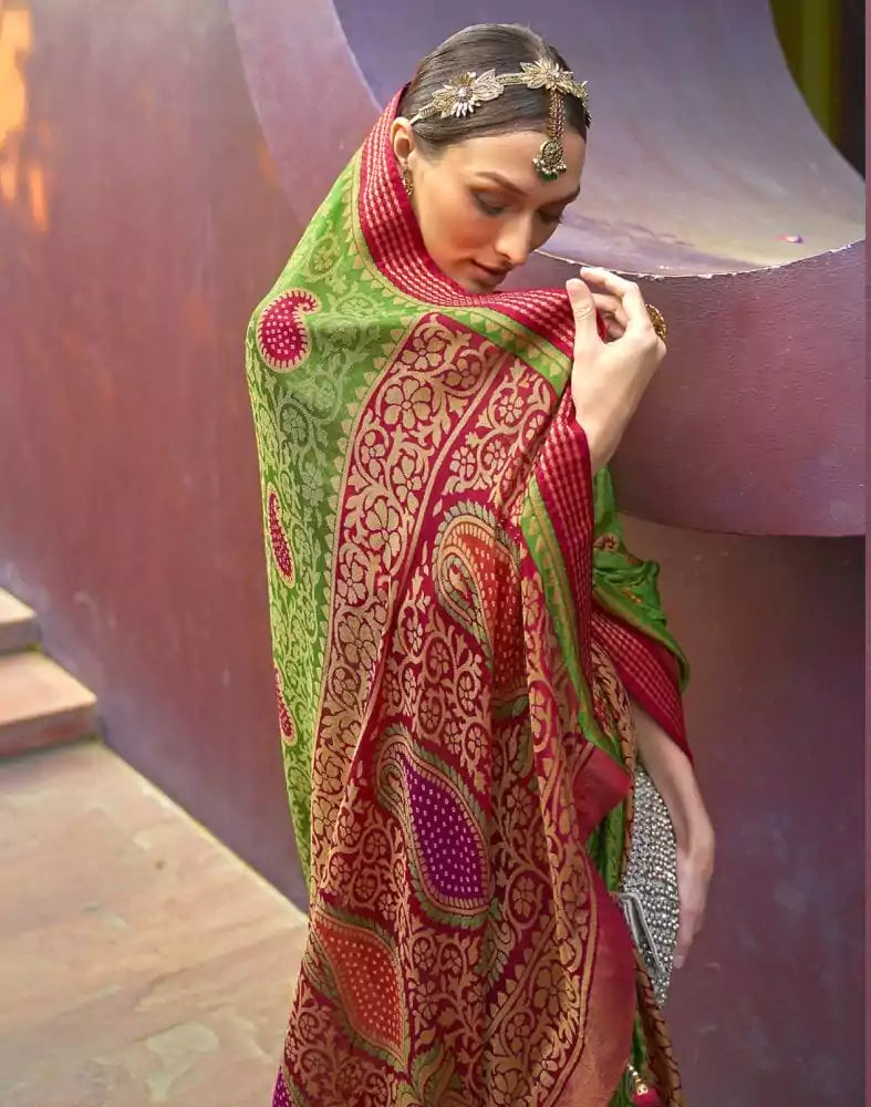 Image of Green Paisley Pattern Brasso Fabric Saree
