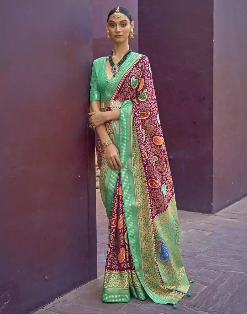 Image of Magenta and Sea Green Coloured Brasso Saree