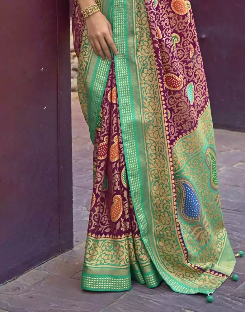 Image of Magenta and Sea Green Coloured Brasso Saree