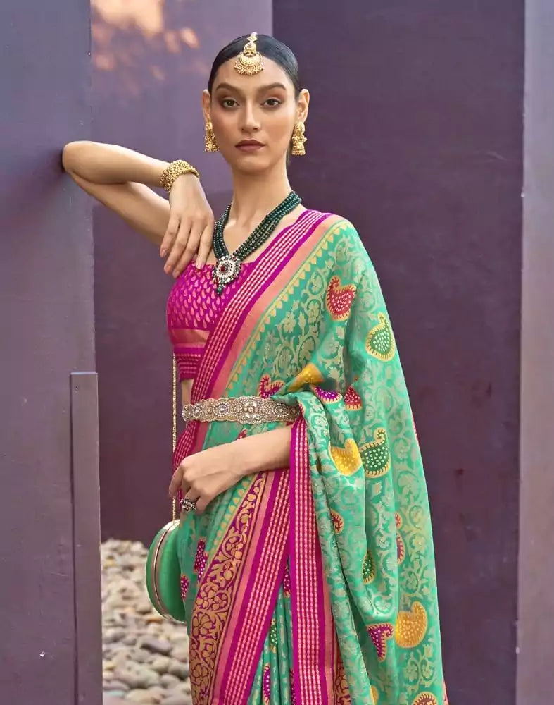 Image of Sea Green Paisley Print Brasso Saree