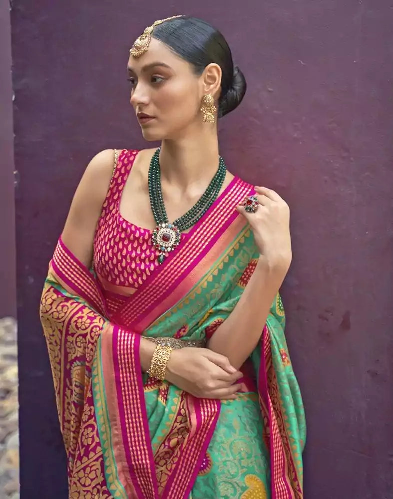 Image of Sea Green Paisley Print Brasso Saree