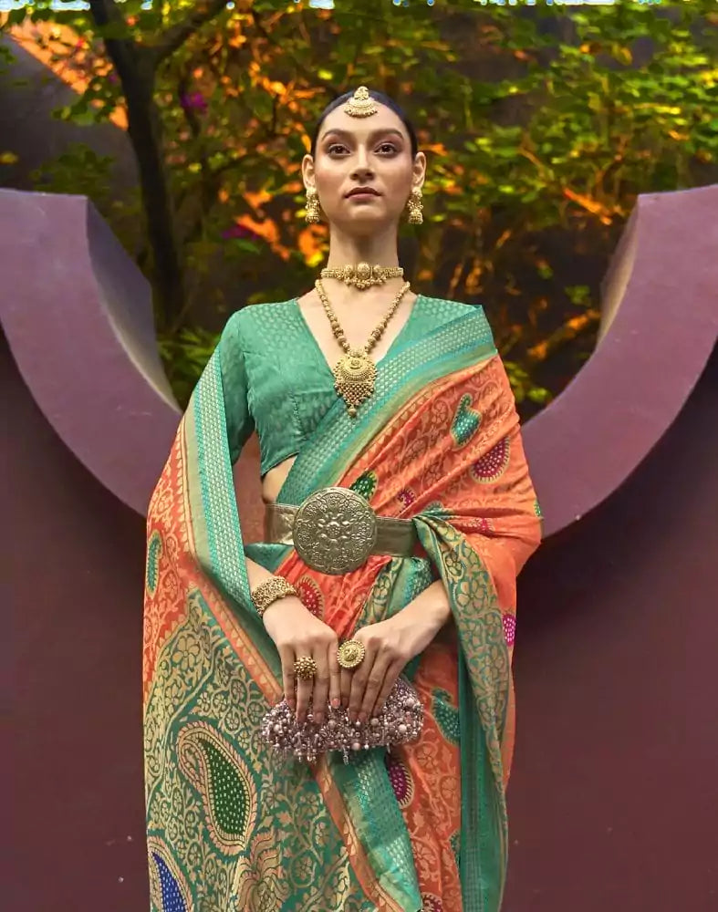 Image of Orange Coloured Paisley Brasso Printed Saree