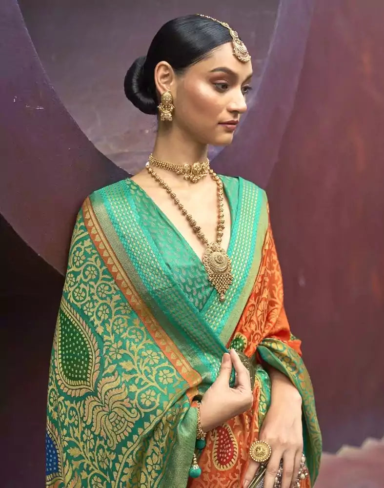 Image of Orange Coloured Paisley Brasso Printed Saree