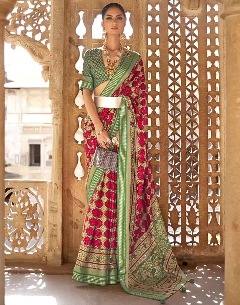 Image of Amazing Red Geometric Print Patola Saree