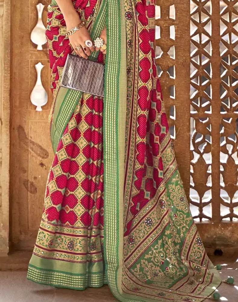 Image of Amazing Red Geometric Print Patola Saree