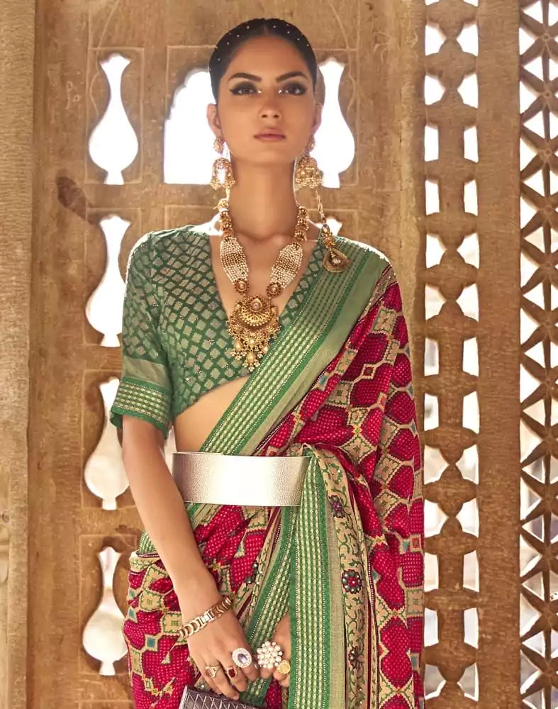 Image of Amazing Red Geometric Print Patola Saree
