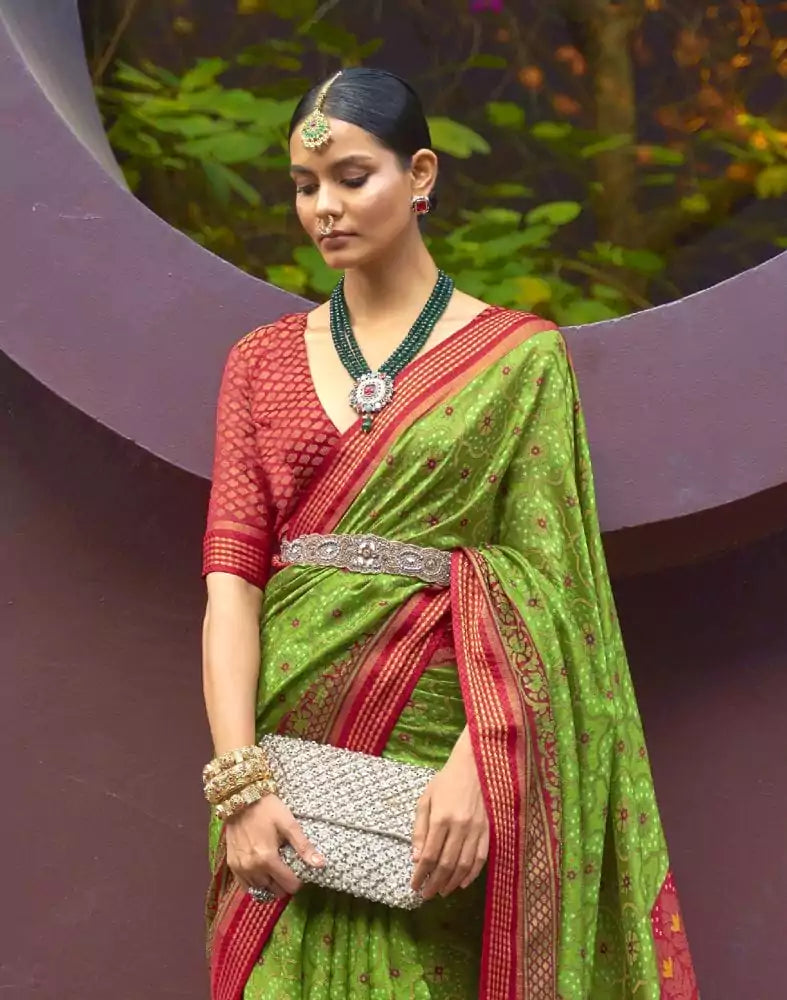 Image of Parrot Green Floral Print Brasso Saree