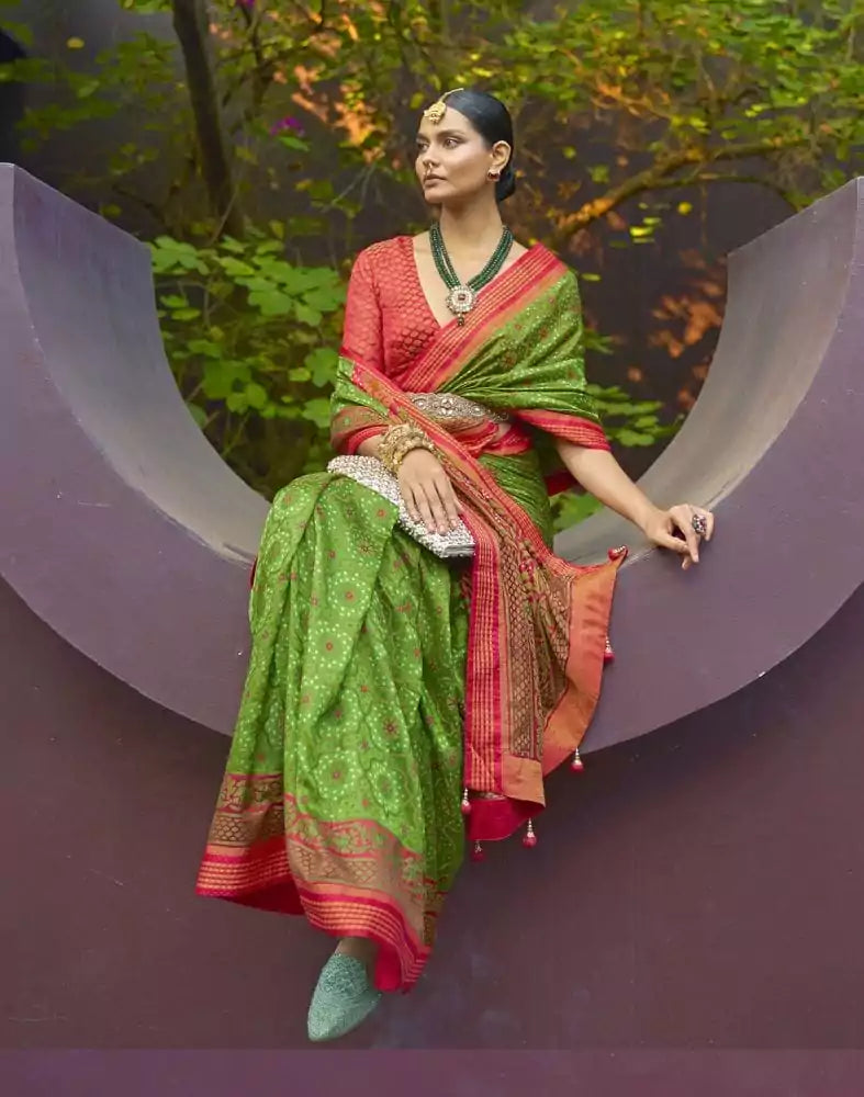 Image of Parrot Green Floral Print Brasso Saree