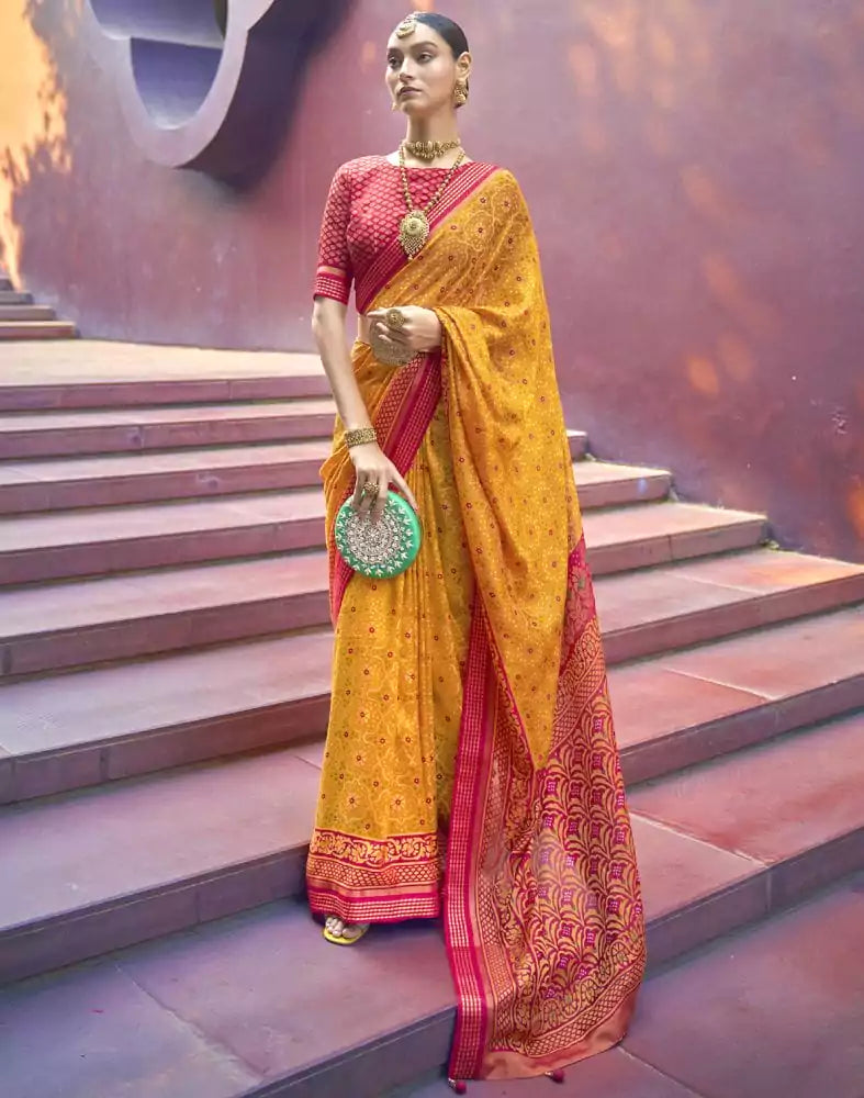Image of Brasso Fabric Mustard Floral Print Saree