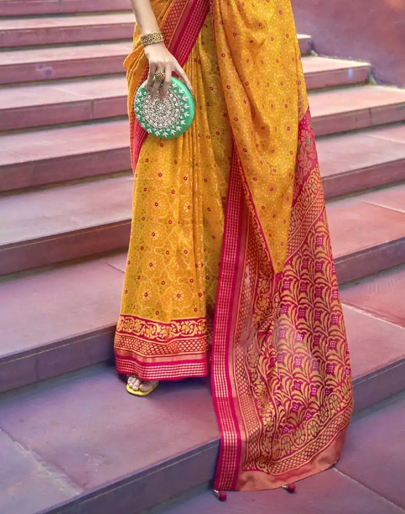 Image of Brasso Fabric Mustard Floral Print Saree