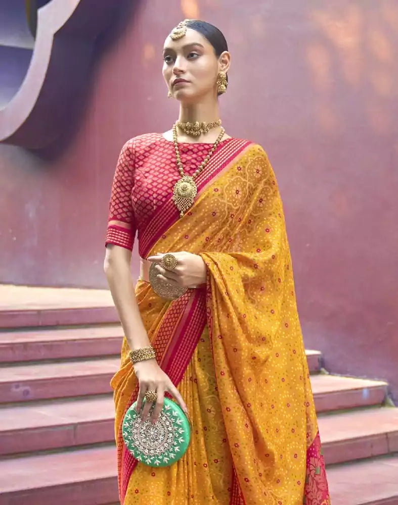 Image of Brasso Fabric Mustard Floral Print Saree