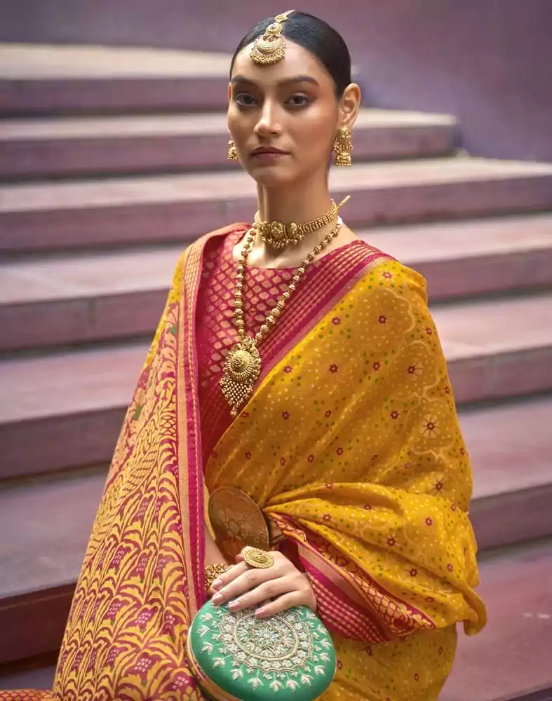 Image of Brasso Fabric Mustard Floral Print Saree
