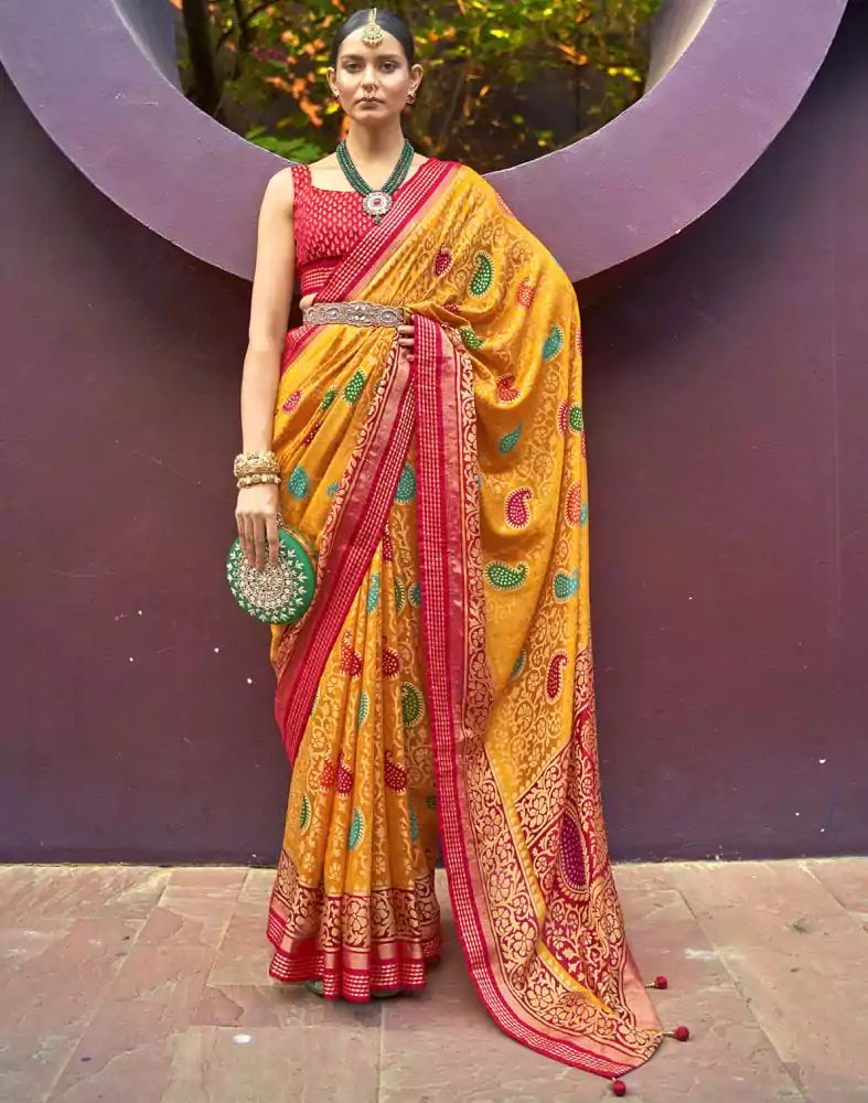 Image of Mustard Coloured Paisley Brasso Fabric Saree